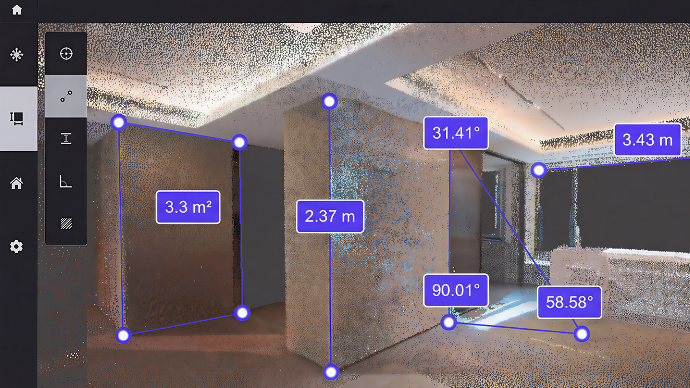 FJD Model Web interface showing distance, height, angle and area measurements in a building point cloud